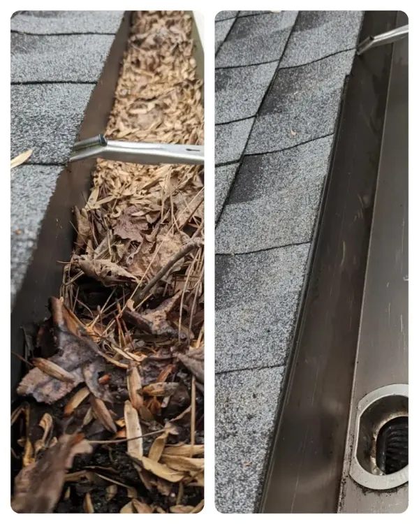 Roof gutter cleaning before and after leaf guard installation in Cartersville GA