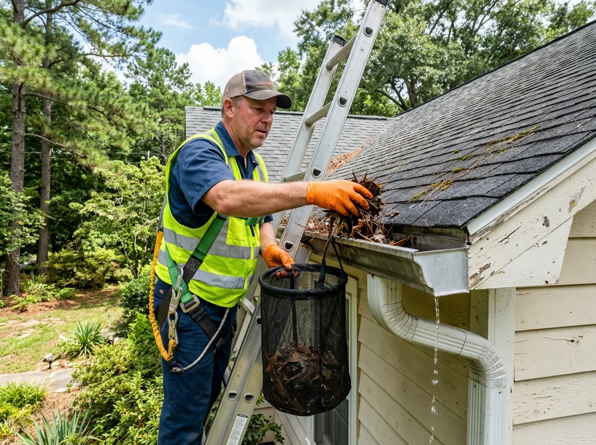 Professional gutter cleaning specialist clearing debris and flushing downspouts in Atco GA
