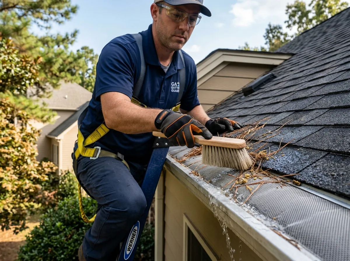 Professional gutter specialist cleaning micro-mesh gutter guards with a brush in Atco GA