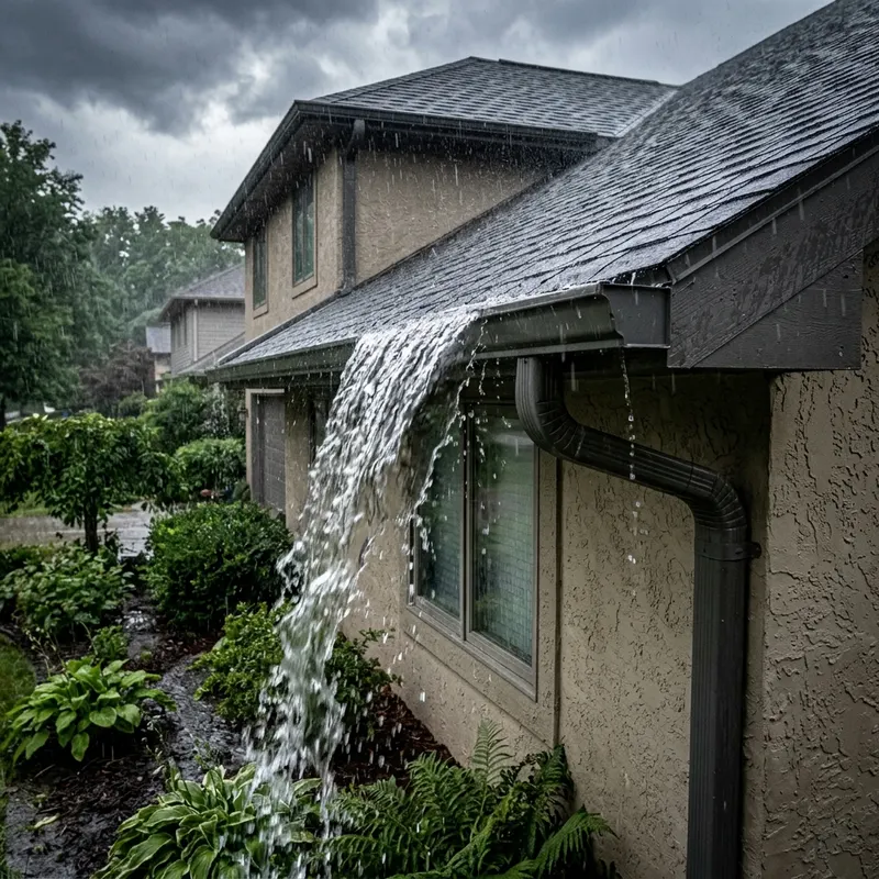 Gutter overflowing with debris causing downspout blockage