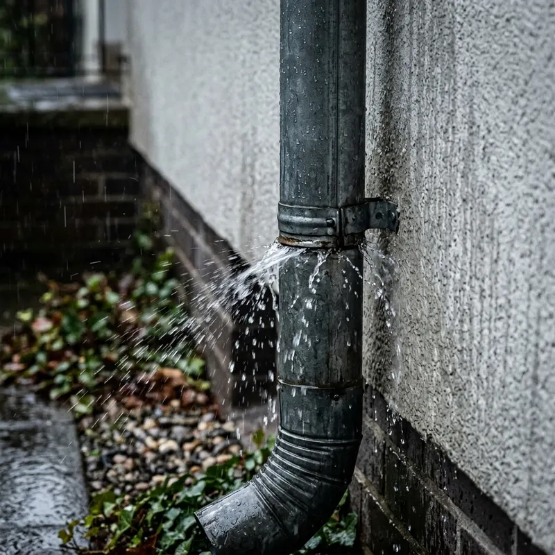Leaking downspout seams and joints showing blockage