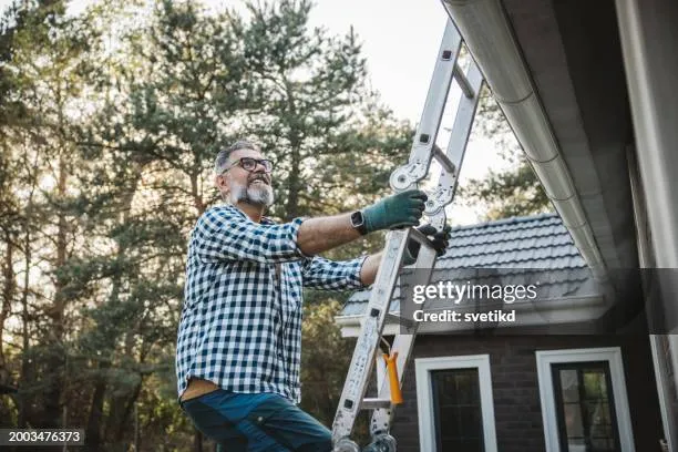 Technician hand-clearing pine needles from a gutter in Cartersville GA