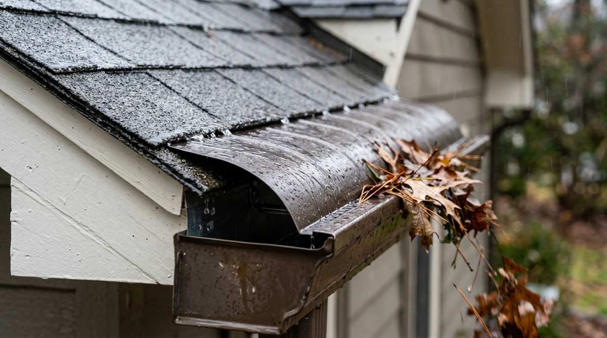 Reverse-curve leaf guard system installed on K-style gutters in Cartersville GA