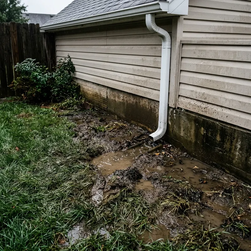 Soggy yard near foundation caused by clogged downspout